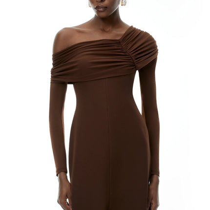 Almudena Chocolate Brown One Shoulder Maxi Dress