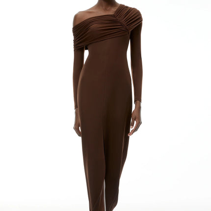 Almudena Chocolate Brown One Shoulder Maxi Dress
