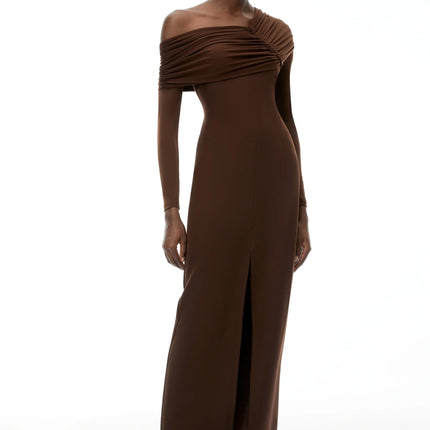 Almudena Chocolate Brown One Shoulder Maxi Dress