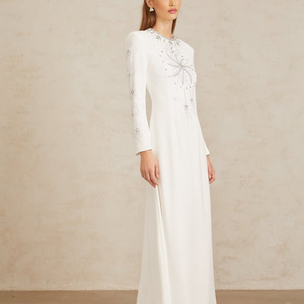 Aloïse White Embellished Maxi Gown crystal and rhinestone embellishments round neck long sleeves fitted waistline flared hem rear zip fastening 75% cotton 25% Terylene fiber