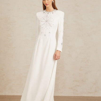 Aloïse White Embellished Maxi Gown with crystal and rhinestone embellishments