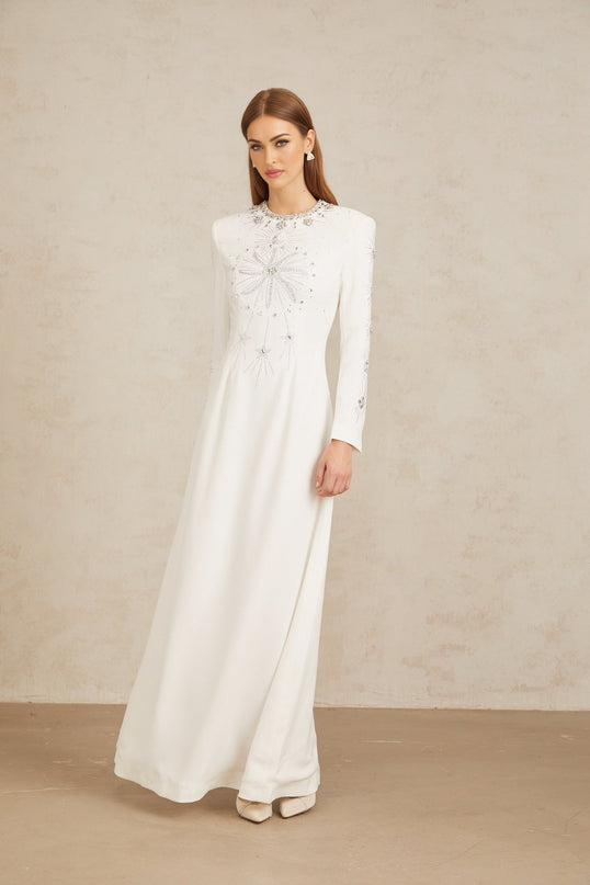 Aloïse White Embellished Maxi Gown with crystal and rhinestone embellishments