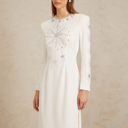 Aloïse White Embellished Maxi Gown in White with Crystal and Rhinestone Embellishments