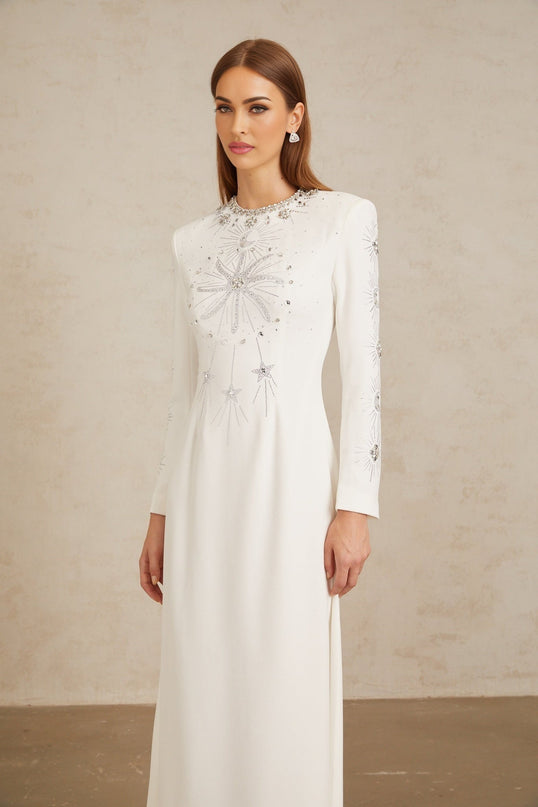 Aloïse White Embellished Maxi Gown in White with Crystal and Rhinestone Embellishments