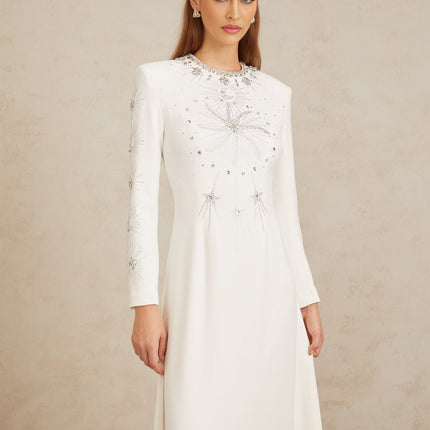 Aloïse White Embellished Maxi Gown with crystal and rhinestone embellishments, round neck, long sleeves, and fitted waistline