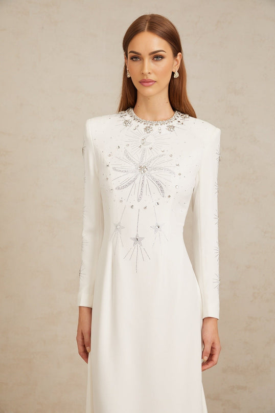 Aloïse White Embellished Maxi Gown with crystal and rhinestone embellishments
