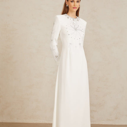 Aloïse White Embellished Maxi Gown with crystal and rhinestone embellishments, round neck, long sleeves, and fitted waistline