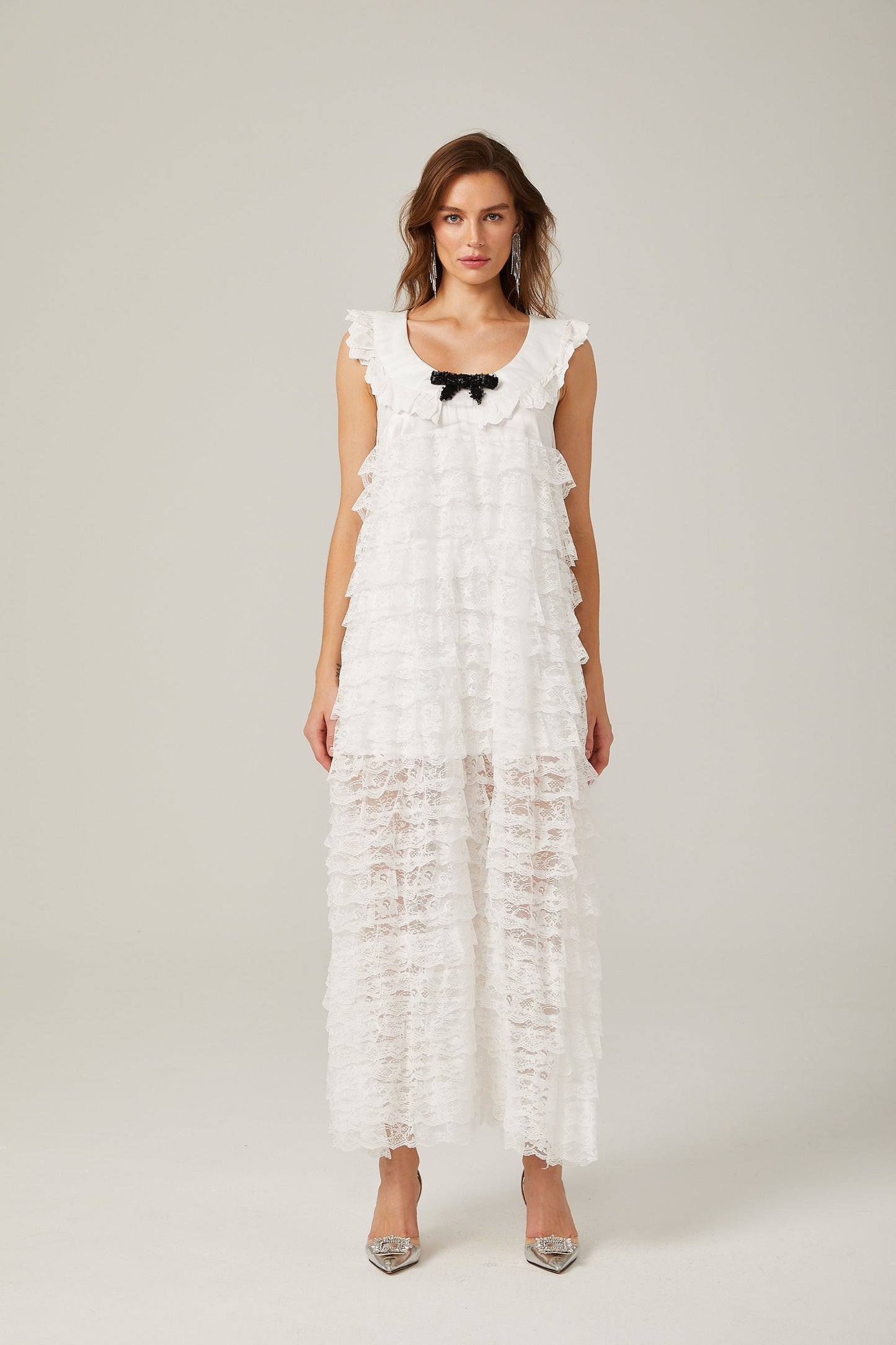 Alora white lacetrim tiered midi dress