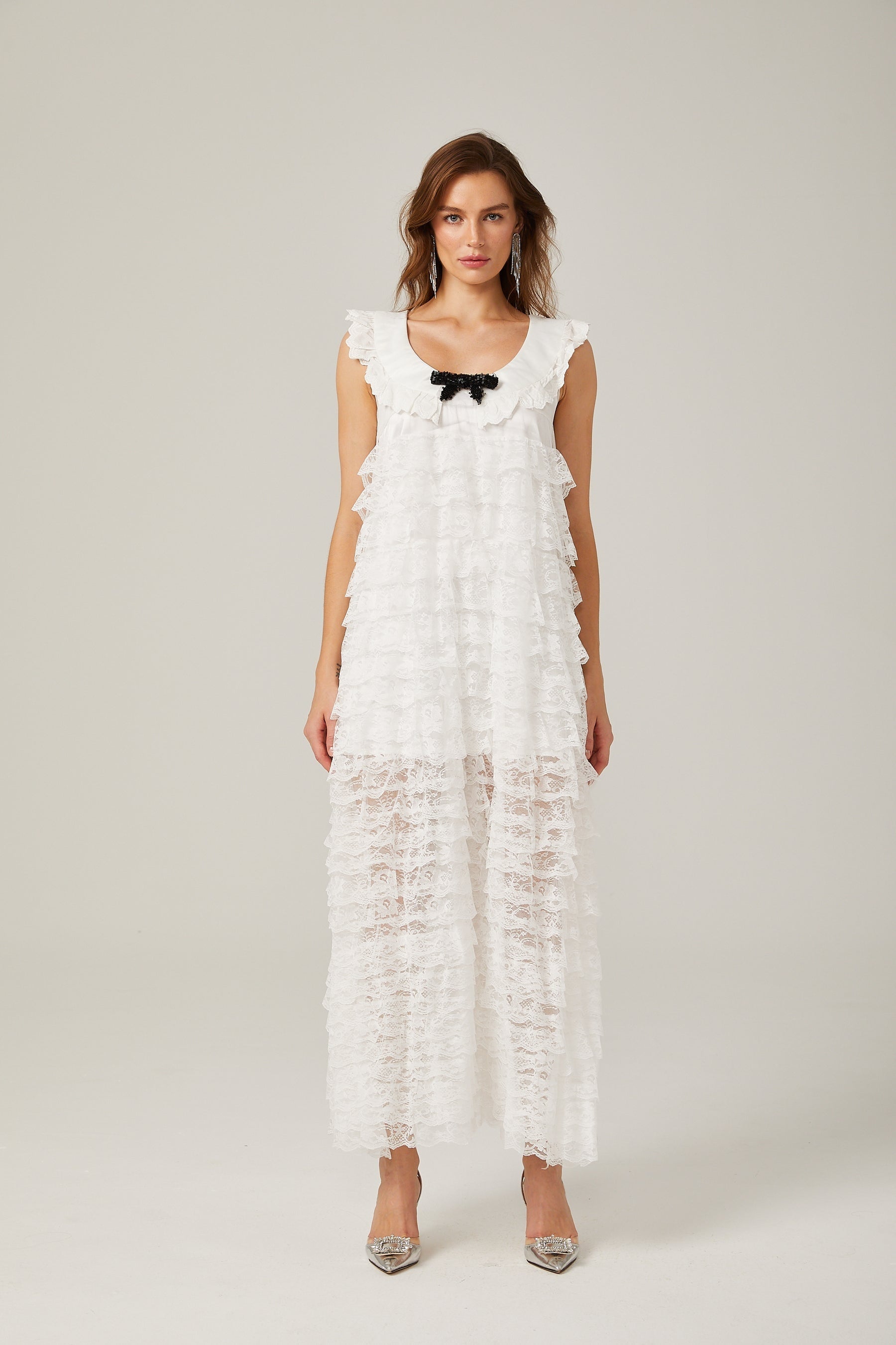 Alora white lacetrim tiered midi dress