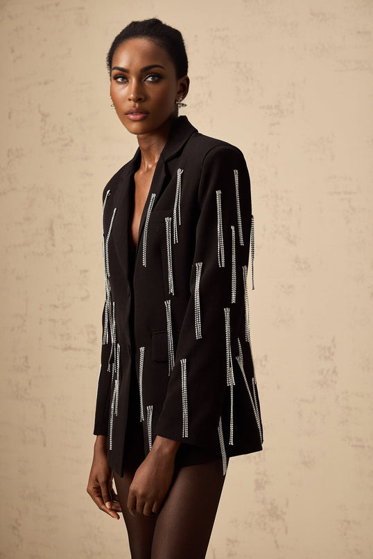 Alt text Regina black blazer with crystal tassels elegant formal womens jacket