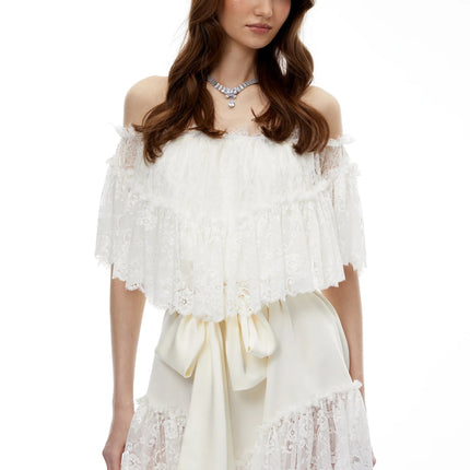Altheaia White Off Shoulder Lace Mini Dress