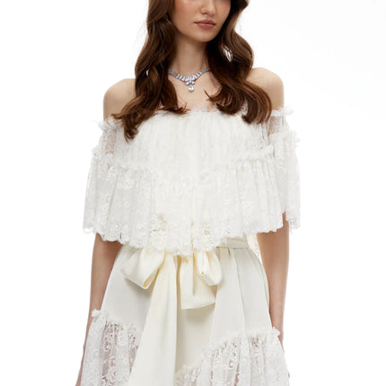 Altheaia White Off Shoulder Lace Mini Dress