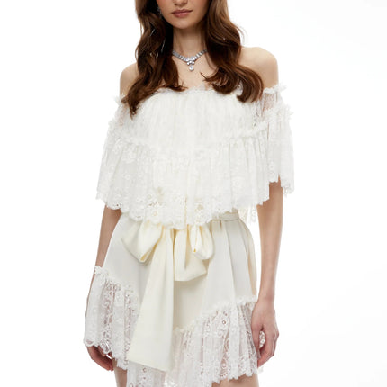 Altheaia White Off Shoulder Lace Mini Dress