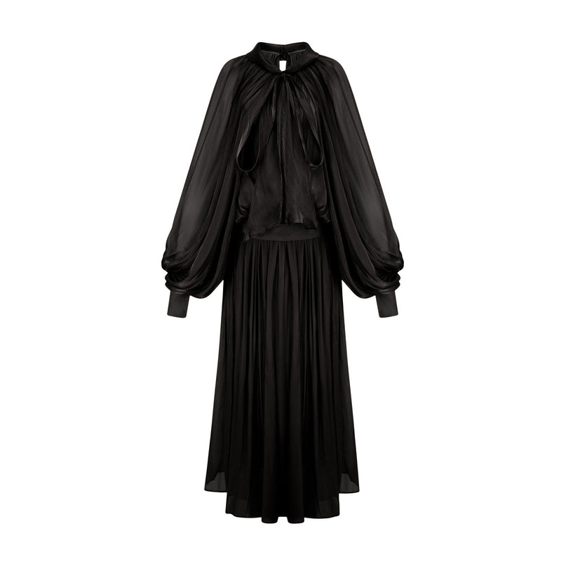 Alyson Black Satin Maxi Dress with Tie-Neck Detail and Dolman Sleeves