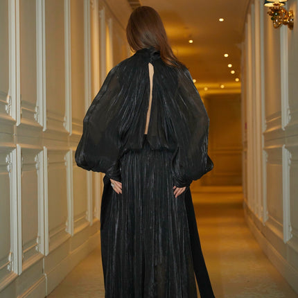 Alyson Black Satin Maxi Dress with Tie-Neck Detail and Dolman Sleeves