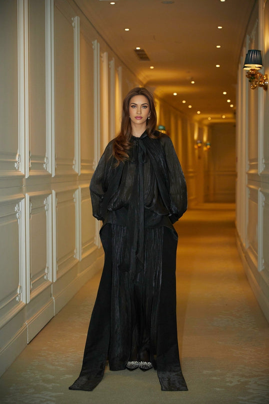 Alyson Black Satin Maxi Dress with Tie-Neck Detail and Dolman Sleeves