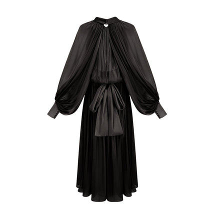 Alyson Black Satin Maxi Dress with Tie-Neck Detail and Dolman Sleeves
