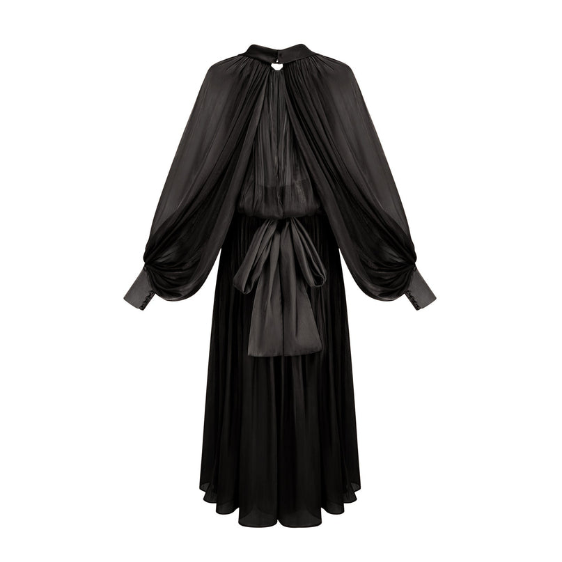Alyson Black Satin Maxi Dress with Tie-Neck Detail and Dolman Sleeves