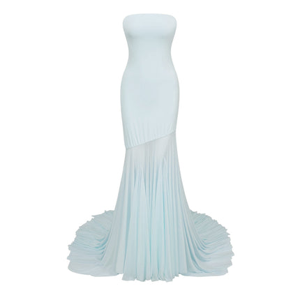 Alyson Maxi Dress in Blue sleeveless off-the-shoulder silhouette pleated detailing sheer tulle design stretch fabric floor-length slip-on style elegant timeless enchanting creation