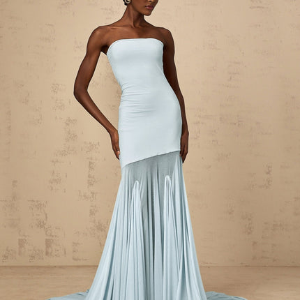 Alyson Maxi Dress in Blue with Sleeveless Off-the-Shoulder Silhouette and Pleated Detailing
