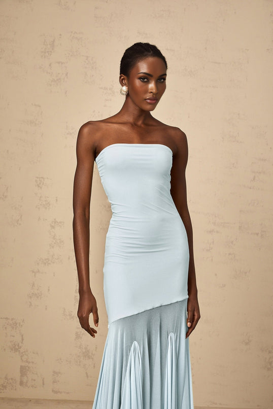 Alyson Maxi Dress in Blue sleeveless off-the-shoulder silhouette pleated detailing sheer tulle design stretch fabric floor-length elegant slip-on style special occasions timeless enchanting creation