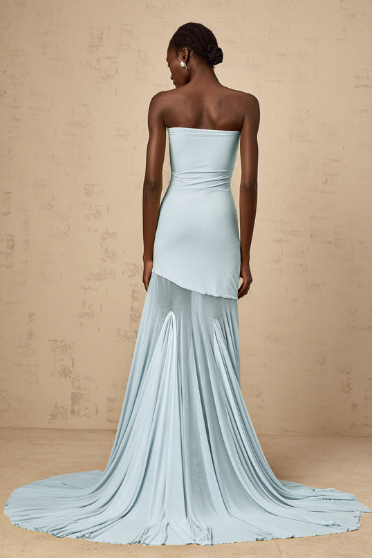 Alyson Maxi Dress in Blue sleeveless off-the-shoulder silhouette pleated detailing sheer tulle stretch fabric floor-length slip-on style