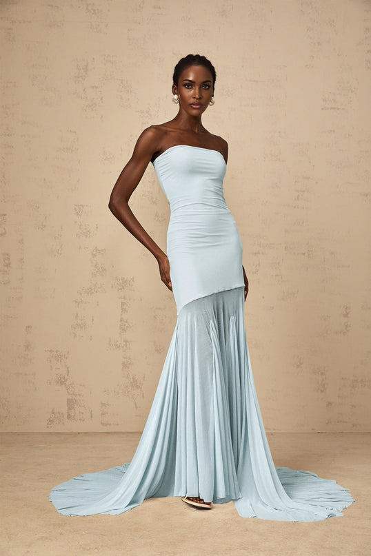 Alyson Maxi Dress in Blue sleeveless off-the-shoulder silhouette pleated detailing sheer tulle design stretch fabric floor-length elegant slip-on style special occasions timeless enchanting creation