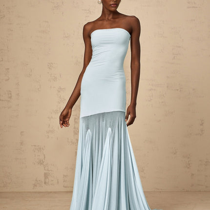 Alyson Maxi Dress in Blue sleeveless off-the-shoulder silhouette pleated detailing sheer tulle design stretch fabric floor-length slip-on style