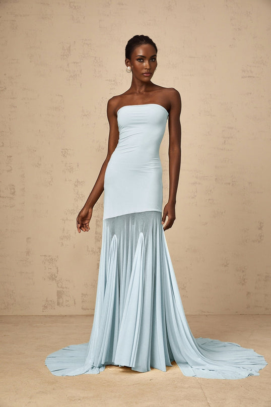 Alyson Maxi Dress in Blue sleeveless off-the-shoulder silhouette pleated detailing sheer tulle design stretch fabric floor-length slip-on style
