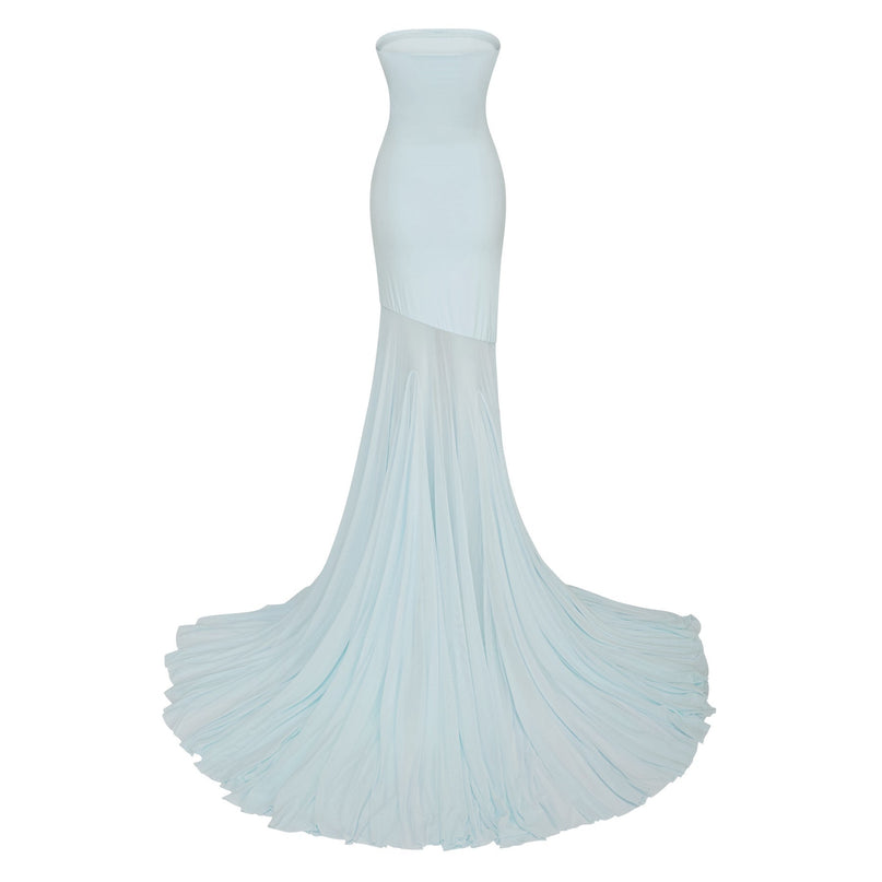 Alyson Maxi Dress in Blue Polyamide Elastane Sleeveless Off-the-Shoulder Pleated Tulle Stretch Fabric Floor-Length Slip-On Elegant Graceful Sophisticated Special Occasions Timeless Enchanting