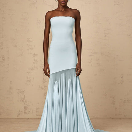 Alyson Maxi Dress in Blue sleeveless off-the-shoulder silhouette pleated detailing sheer tulle stretch fabric floor-length slip-on style elegant sophisticated special occasions timeless enchanting creation