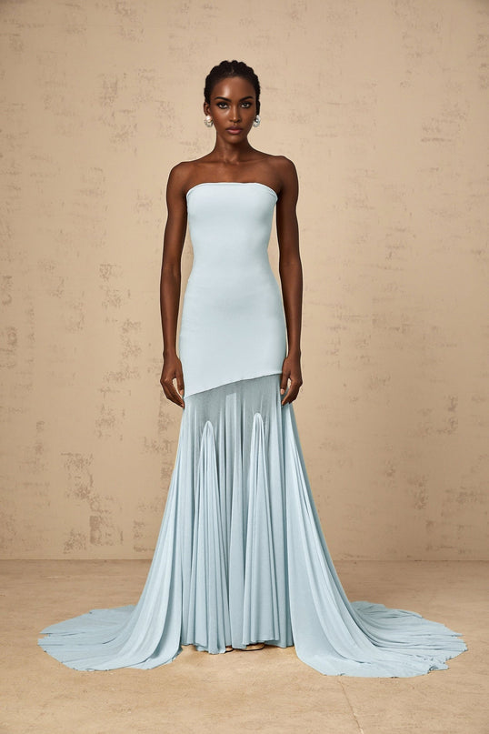 Alyson Maxi Dress in Blue sleeveless off-the-shoulder silhouette pleated detailing sheer tulle stretch fabric floor-length slip-on style elegant sophisticated special occasions timeless enchanting creation
