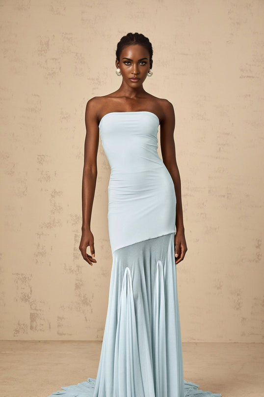 Alyson Maxi Dress in Blue with Sleeveless Off-Shoulder Silhouette and Pleated Detailing