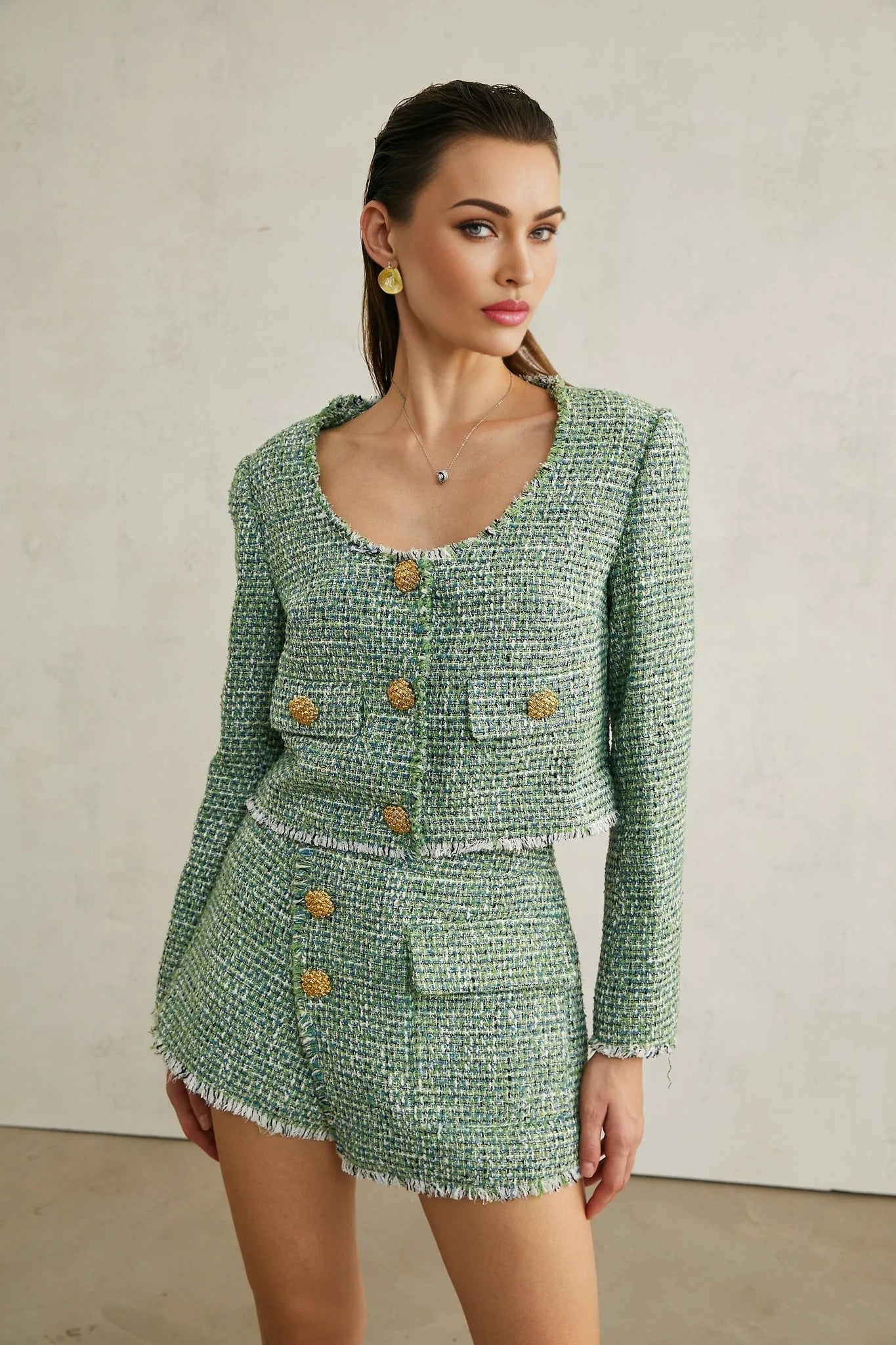 Alyss green tweed jacket  shorts matching set