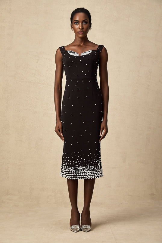 Alyssa Black Sleeveless Midi Dress with Faux-Pearl Embellishments