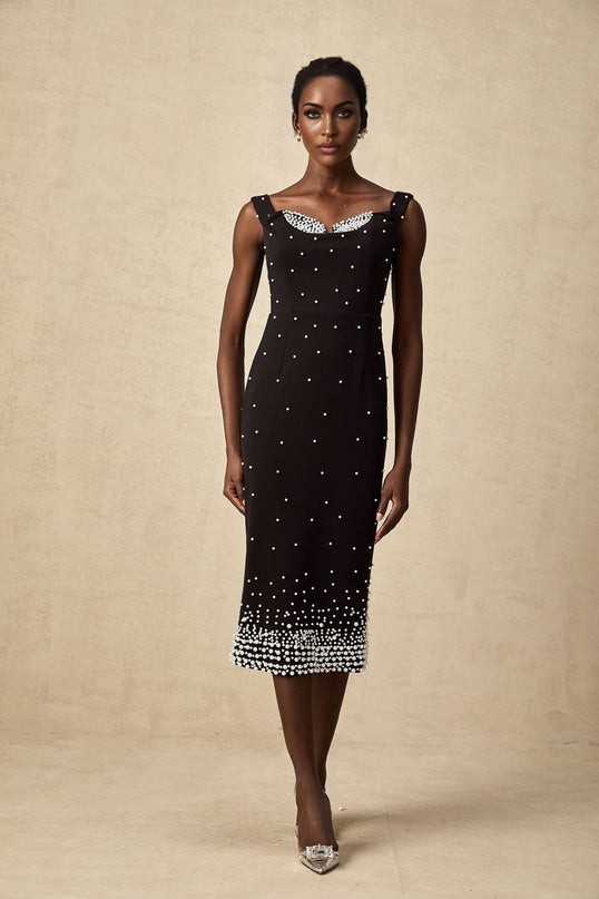 Alyssa Black Sleeveless Midi Dress with Faux-Pearl Embellishments