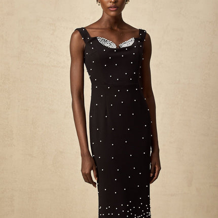 Alyssa Black Sleeveless Midi Dress with Faux-Pearl Embellishments
