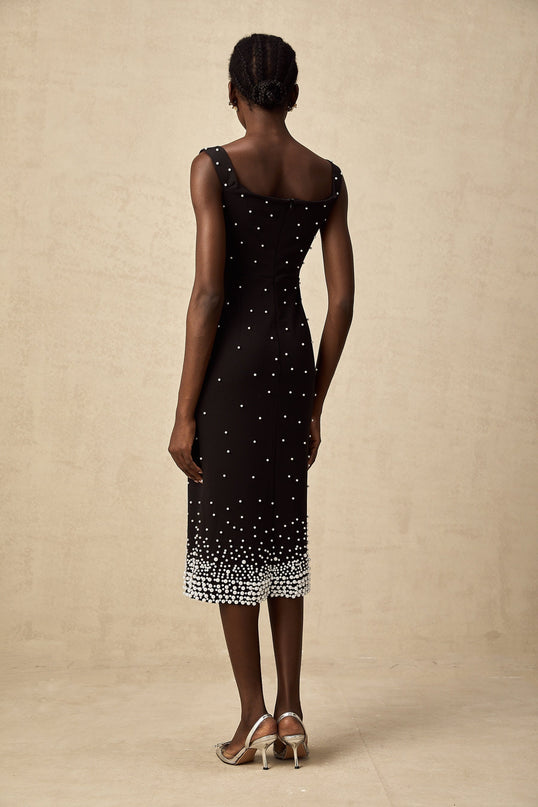 Alyssa Black Sleeveless Midi Dress with Faux-Pearl Embellishments