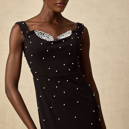 Alyssa Black Sleeveless Midi Dress with Faux-Pearl Embellishments