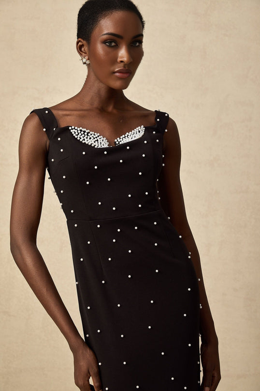 Alyssa Black Sleeveless Midi Dress with Faux-Pearl Embellishments