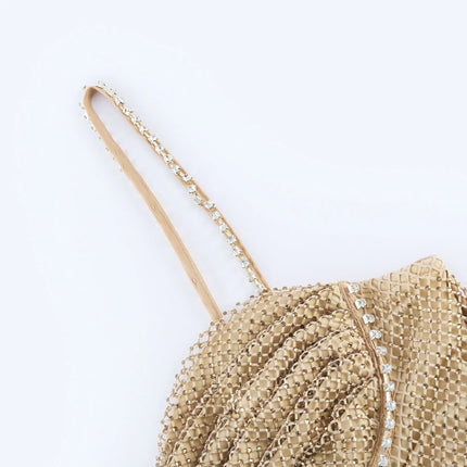 Alyssa Gold Crystal Bustier Midi Dress Spaghetti Straps Ankle-Length Semi-Sheer Fabric Fitted Rear Zip Fastening