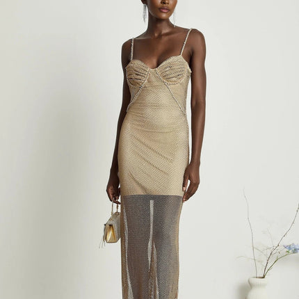 Alyssa Gold Crystal Bustier Midi Dress with Spaghetti Straps and Ankle-Length Semi-Sheer Fabric