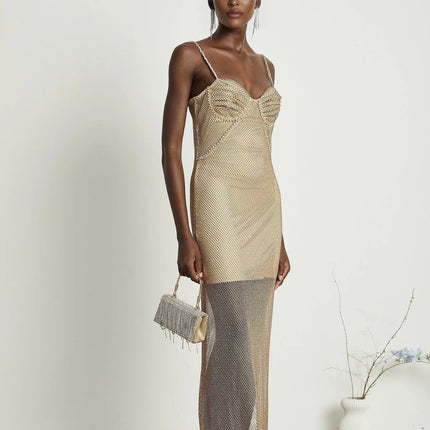 Alyssa Gold Crystal Bustier Midi Dress Spaghetti Straps Ankle-Length Semi-Sheer Fabric Fitted Bodice Rear Zip Fastening