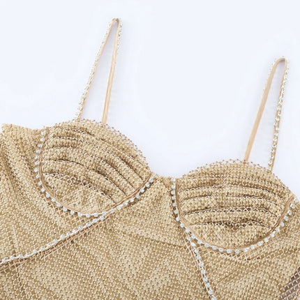 Alyssa Gold Crystal Bustier Midi Dress with Spaghetti Straps and Ankle-Length Semi-Sheer Fabric
