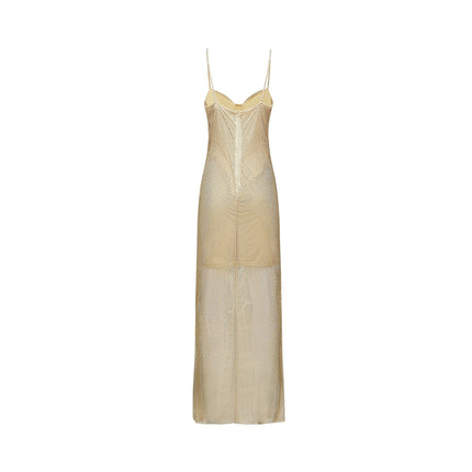 Alyssa Gold Crystal Bustier Midi Dress Spaghetti Straps Ankle-Length Semi-Sheer Fabric Fitted Bodice Rear Zip Fastening