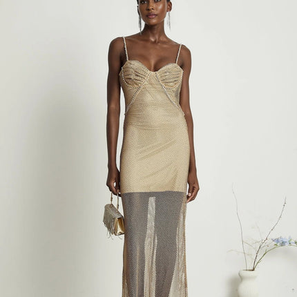 Alyssa Gold Crystal Bustier Midi Dress Spaghetti Straps Ankle-Length Semi-Sheer Fabric Fitted Bodice Rear Zip Fastening 90% Polyester 10% Spandex
