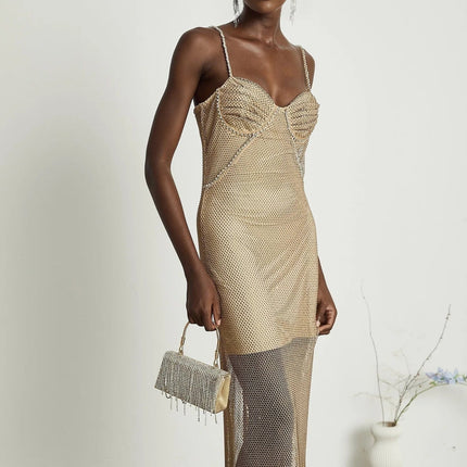 Alyssa Gold Crystal Bustier Midi Dress Sweetheart Neckline Spaghetti Straps Ankle-Length Semi-Sheer Fabric Fitted Bodice Rear Zip Fastening Polyester Spandex Glamour