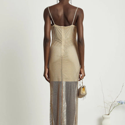 Alyssa Gold Crystal Bustier Midi Dress Spaghetti Straps Ankle-Length Semi-Sheer Fabric Fitted Rear Zip Fastening
