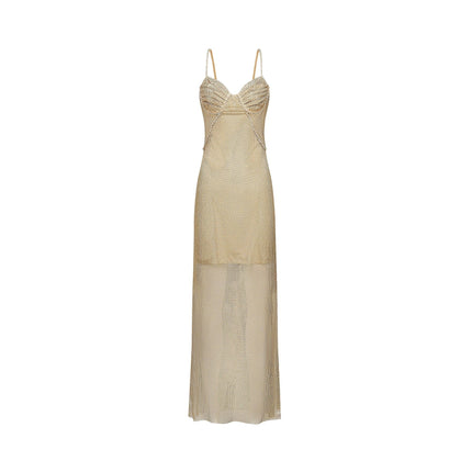 Alyssa Gold Crystal Bustier Midi Dress Spaghetti Straps Ankle-Length Semi-Sheer Fabric Fitted Rear Zip Fastening