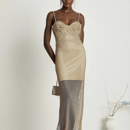 Alyssa Gold Crystal Bustier Midi Dress with Spaghetti Straps and Ankle-Length Semi-Sheer Fabric for upscale events